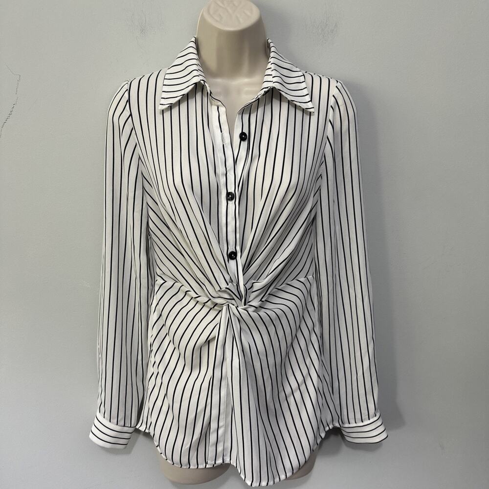 Kay Celine Top Womens XS Black White Striped Twist Front Shirt Parisian Polished